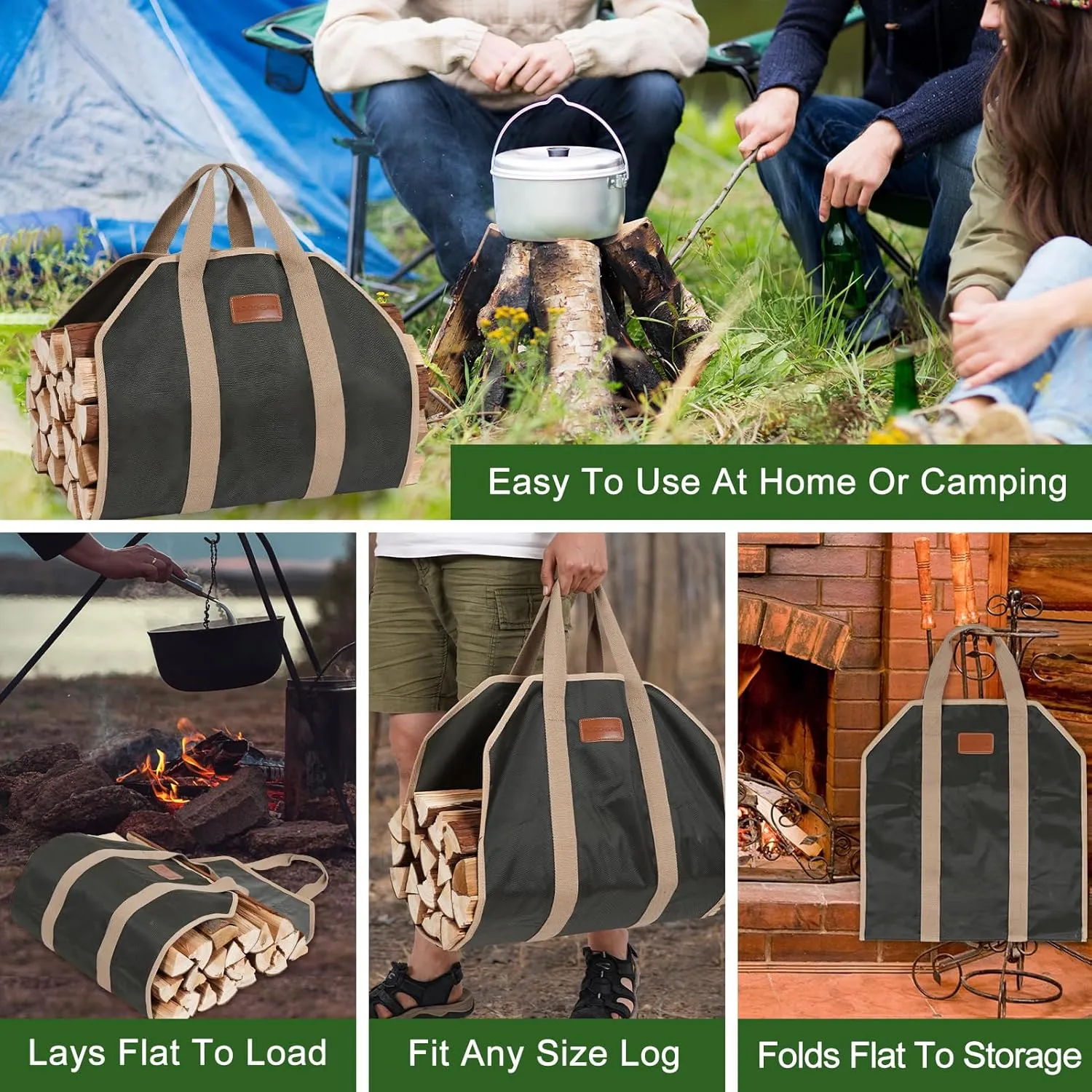 G GOOD GAIN Firewood Carrier with Handles, Wood Carrier for Firewood, 39x18 Inch Heavy Duty Firewood Storage Tote, Fireplace Log Carrier Indoor Bag, Wood Stove Accessories. ArmyGreen