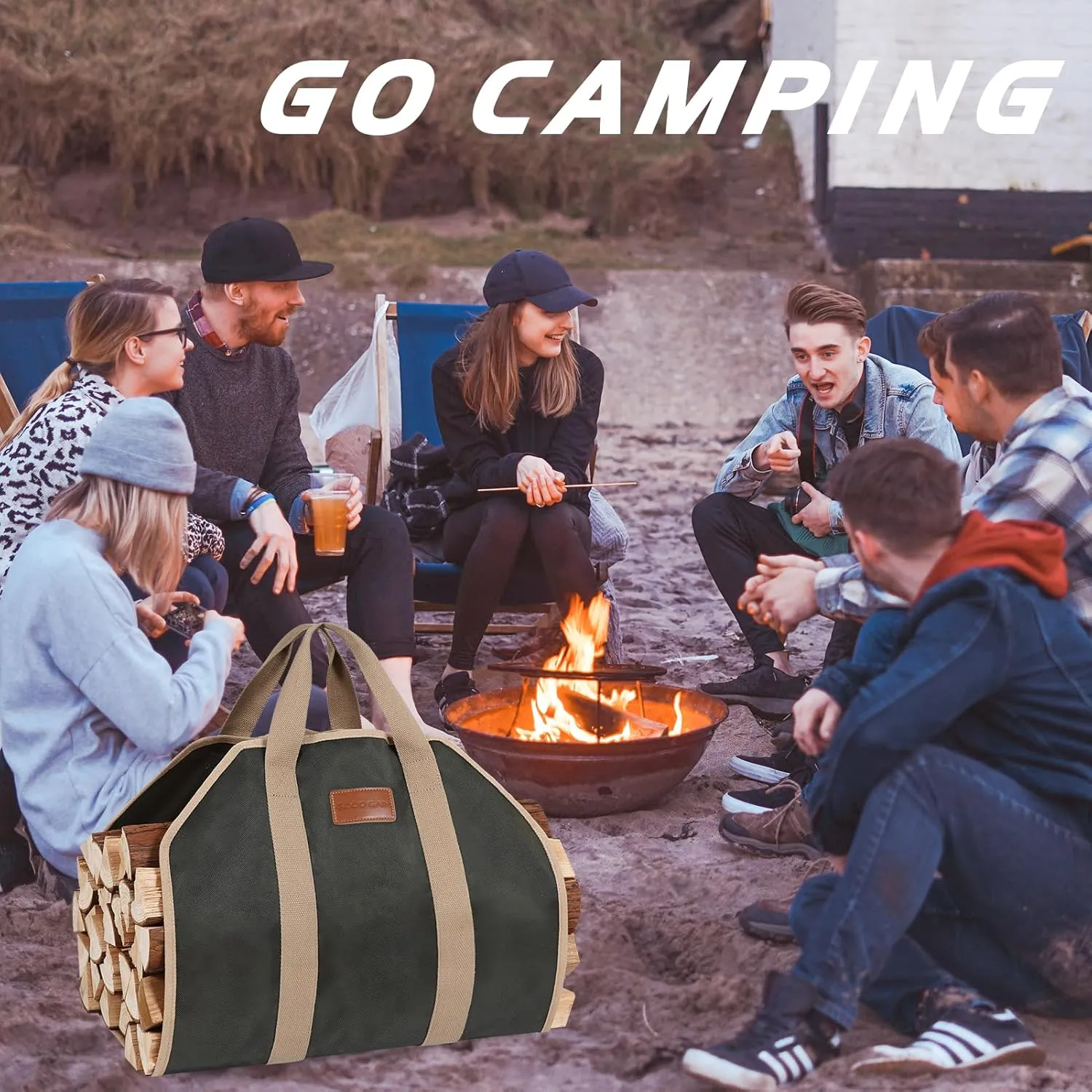 G GOOD GAIN Firewood Carrier with Handles, Wood Carrier for Firewood, 39x18 Inch Heavy Duty Firewood Storage Tote, Fireplace Log Carrier Indoor Bag, Wood Stove Accessories. ArmyGreen