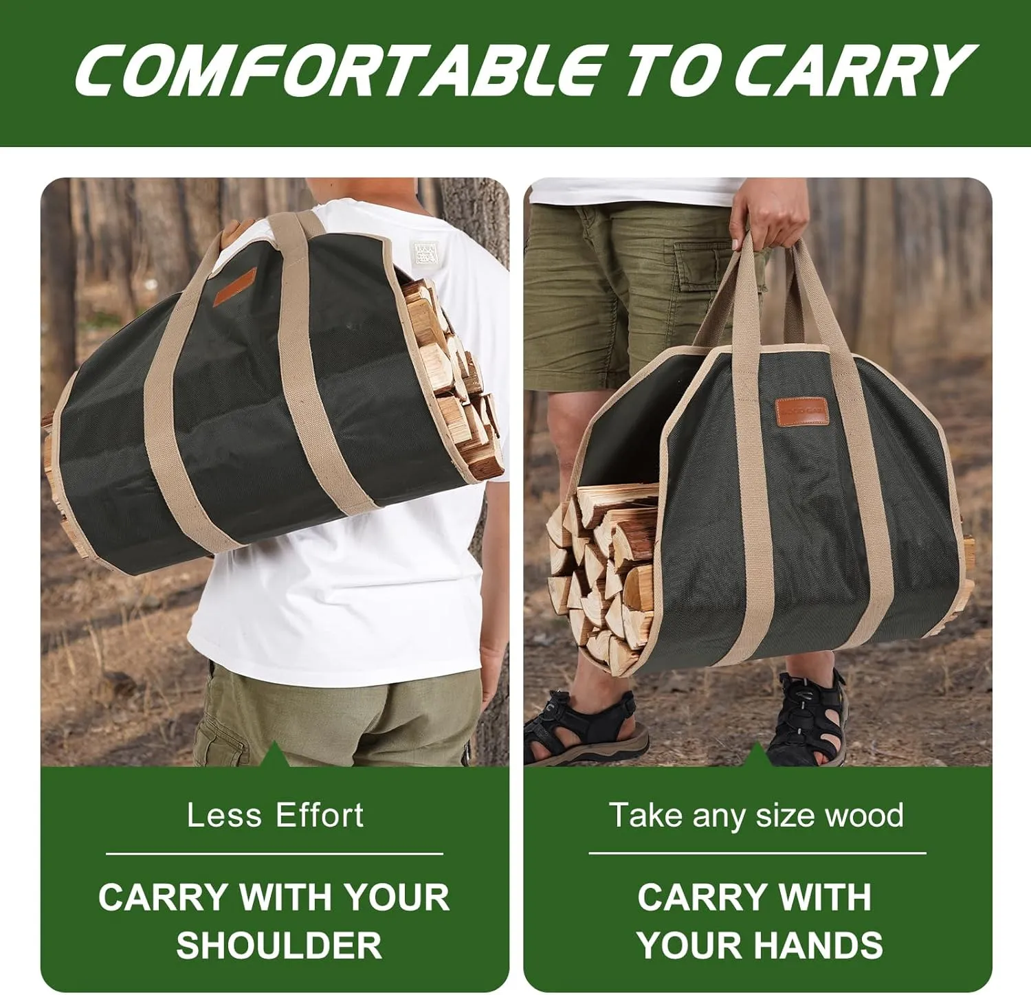 G GOOD GAIN Firewood Carrier with Handles, Wood Carrier for Firewood, 39x18 Inch Heavy Duty Firewood Storage Tote, Fireplace Log Carrier Indoor Bag, Wood Stove Accessories. ArmyGreen