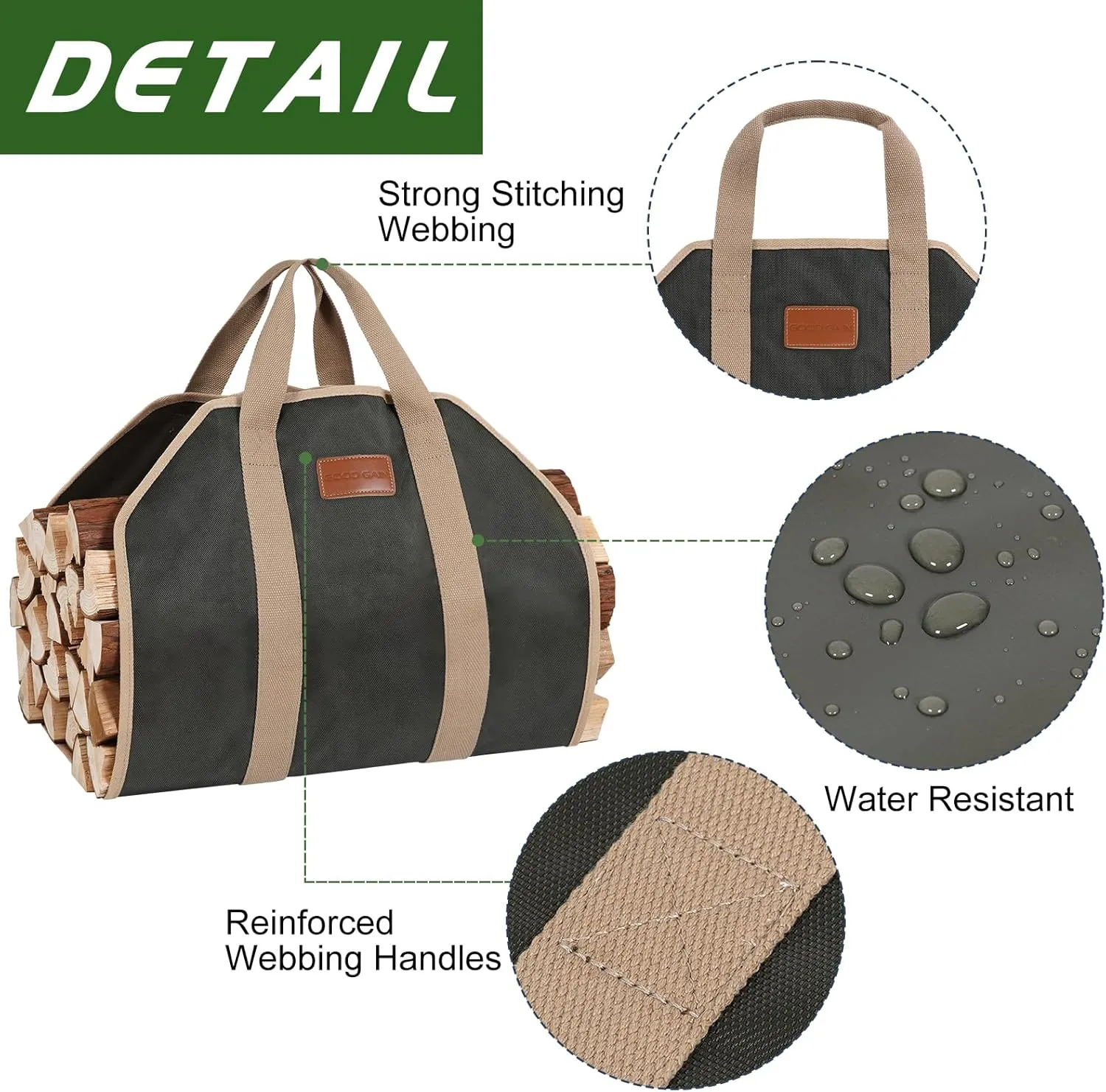 G GOOD GAIN Firewood Carrier with Handles, Wood Carrier for Firewood, 39x18 Inch Heavy Duty Firewood Storage Tote, Fireplace Log Carrier Indoor Bag, Wood Stove Accessories. ArmyGreen