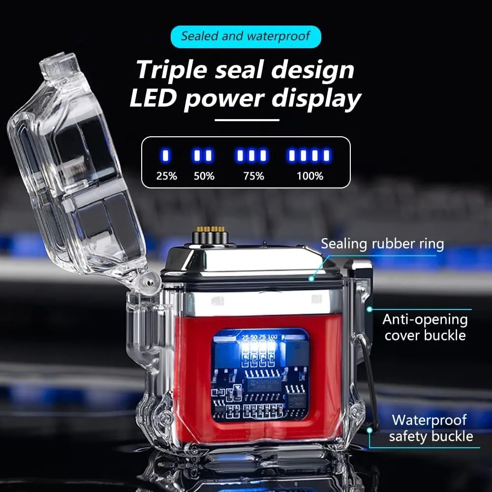 GADATOP Electronic Rechargeable Lighter Outdoor Windproof Lighter Transparent Waterproof Double Arc Lighter LED Power Display Type-C for Boyfriends and Friends (Red)