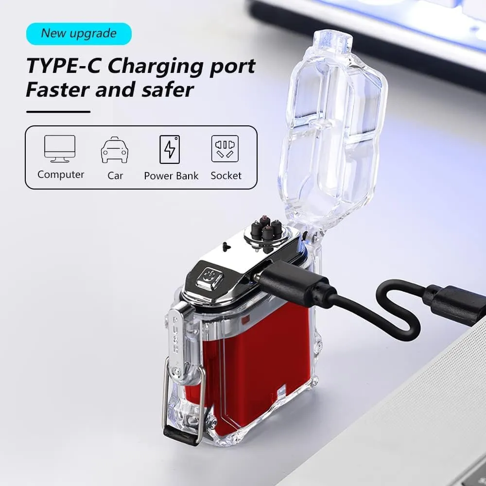 GADATOP Electronic Rechargeable Lighter Outdoor Windproof Lighter Transparent Waterproof Double Arc Lighter LED Power Display Type-C for Boyfriends and Friends (Red)