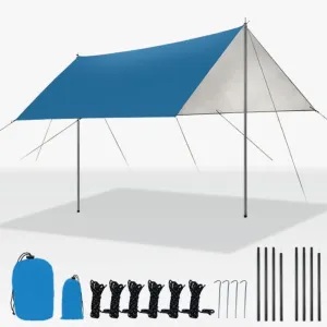 Generic Camping Tarp, Large Camping Tent Tarp Outdoor Waterproof Flame Retardant Hammock Rain Fly Backpacking Tent Tarp Shelter for Hiking Travel Picnic, Lightweight and UV Resistant (Blue)