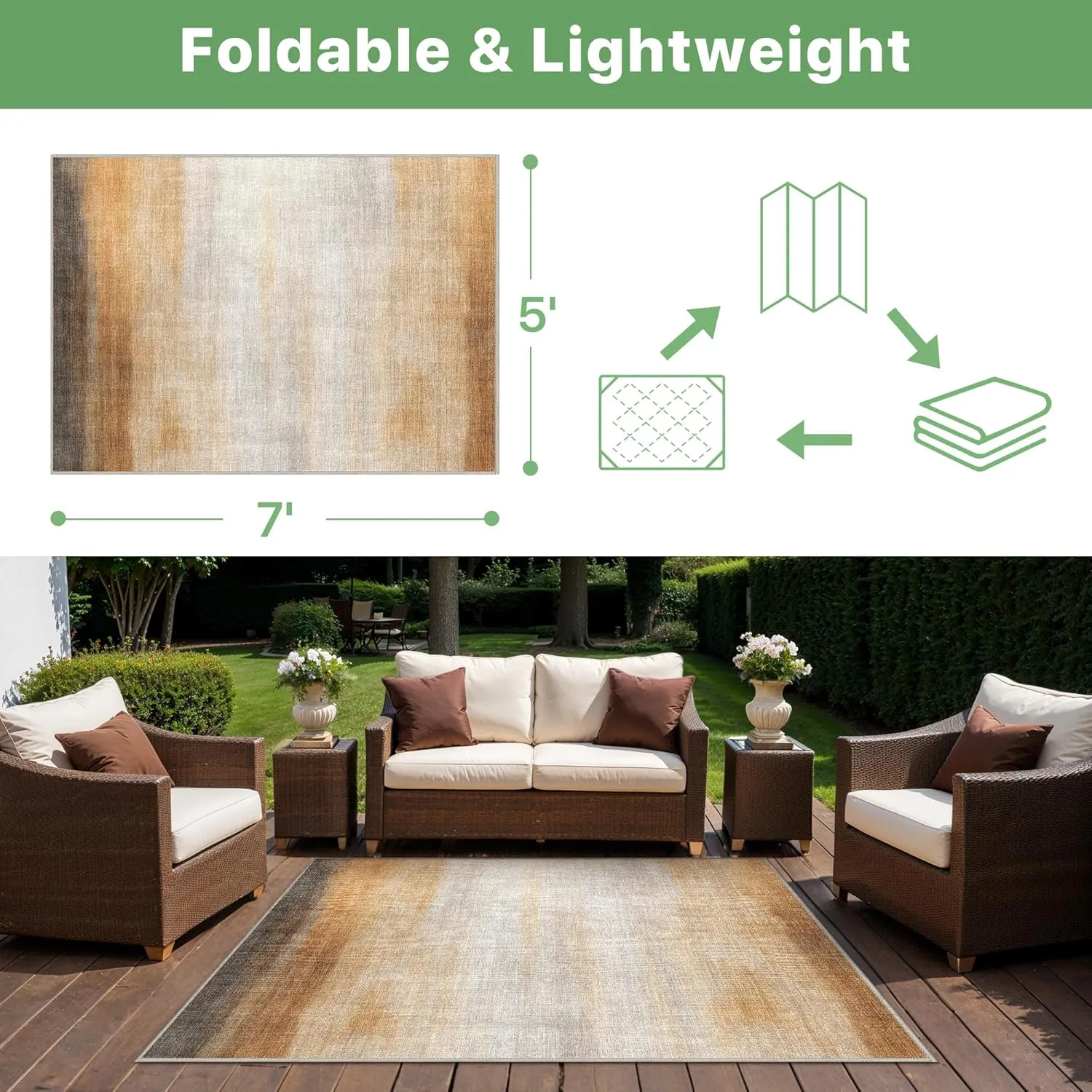 GENIMO Outdoor Indoor Area Rug 5'x7', Waterproof, Non-Shedding, Easy Cleaning, Abstract Mat for Patio, Living Room, Balcony, Dining Room, Deck, RV, Bedroom, Camping, Outside Carpet, Brown & Beige