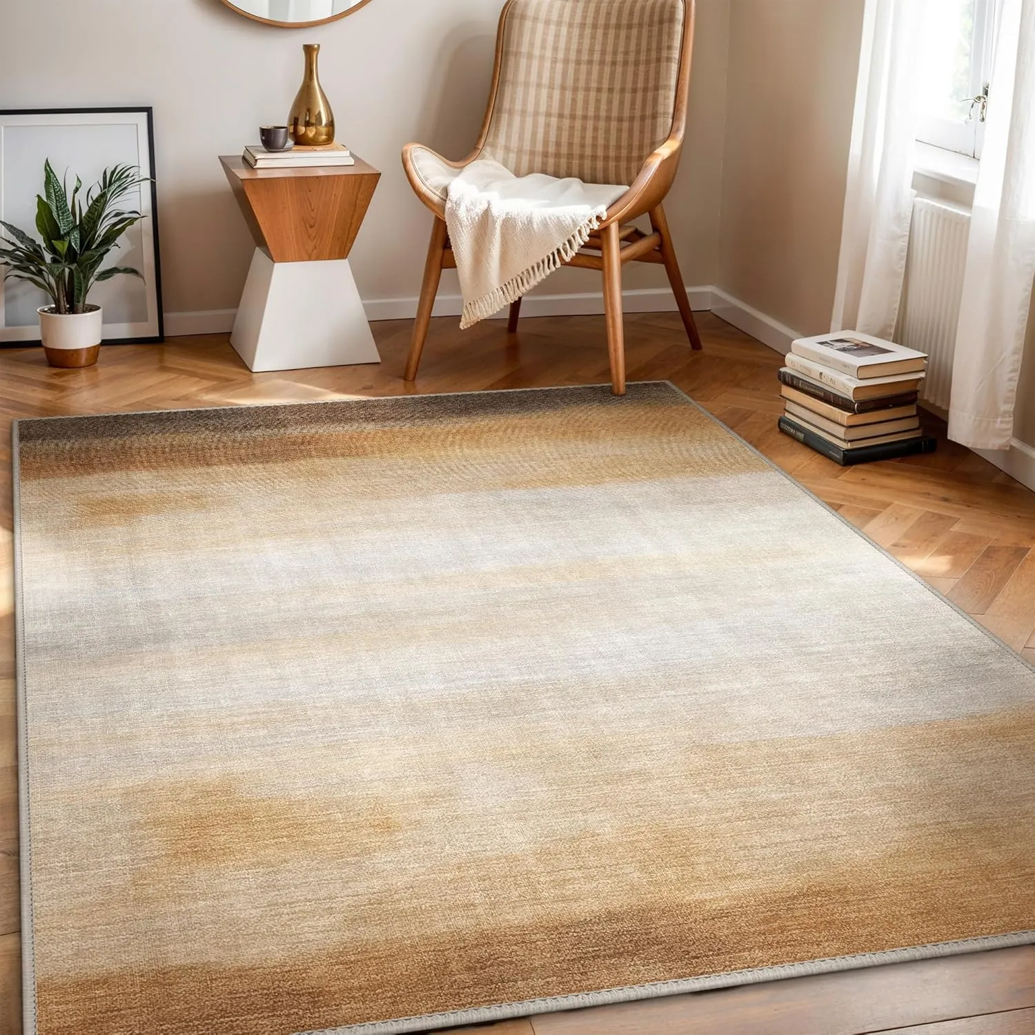 GENIMO Outdoor Indoor Area Rug 5'x7', Waterproof, Non-Shedding, Easy Cleaning, Abstract Mat for Patio, Living Room, Balcony, Dining Room, Deck, RV, Bedroom, Camping, Outside Carpet, Brown & Beige