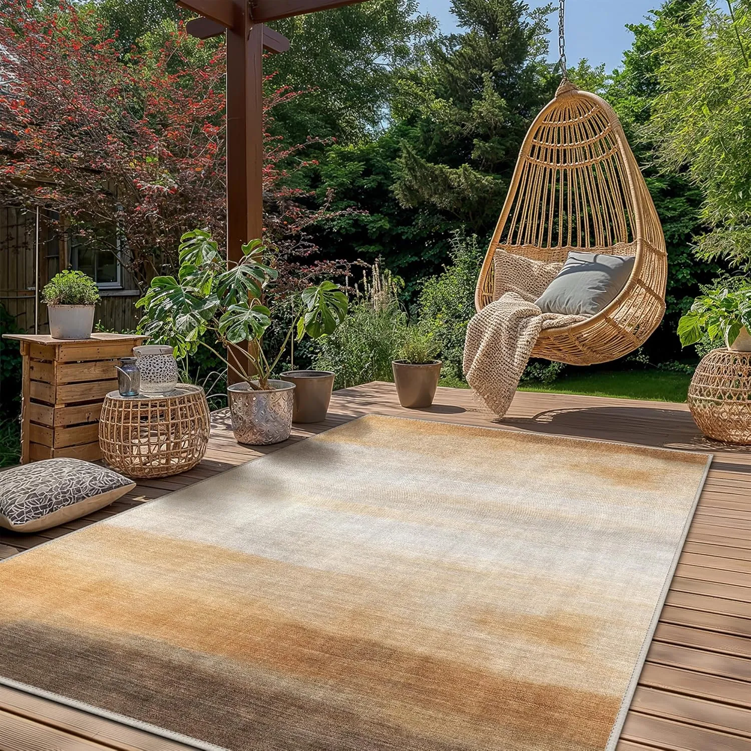 GENIMO Outdoor Indoor Area Rug 5'x7', Waterproof, Non-Shedding, Easy Cleaning, Abstract Mat for Patio, Living Room, Balcony, Dining Room, Deck, RV, Bedroom, Camping, Outside Carpet, Brown & Beige