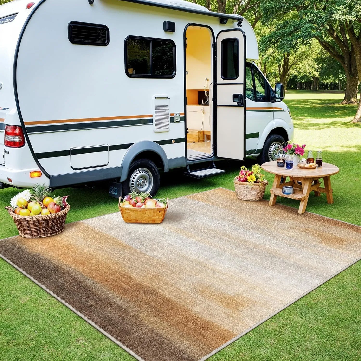 GENIMO Outdoor Indoor Area Rug 5'x7', Waterproof, Non-Shedding, Easy Cleaning, Abstract Mat for Patio, Living Room, Balcony, Dining Room, Deck, RV, Bedroom, Camping, Outside Carpet, Brown & Beige