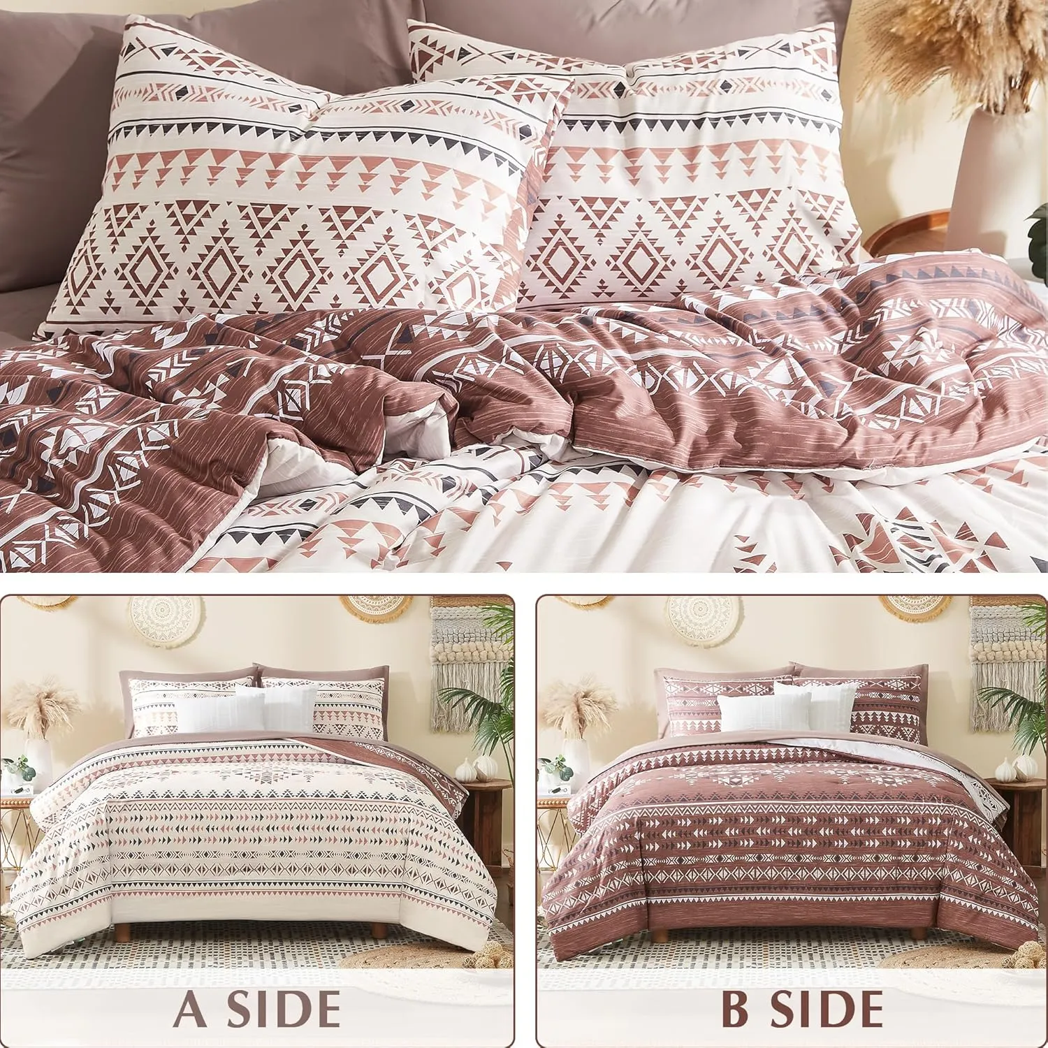 Geniospin King Size Comforter Set, Boho Bed in a Bag 7 Pieces Bedding Set,Burgundy Reversible Aztec Design with Soft Microfiber, Lightweight, Warm and Breathable (King, 102x90 Inches)