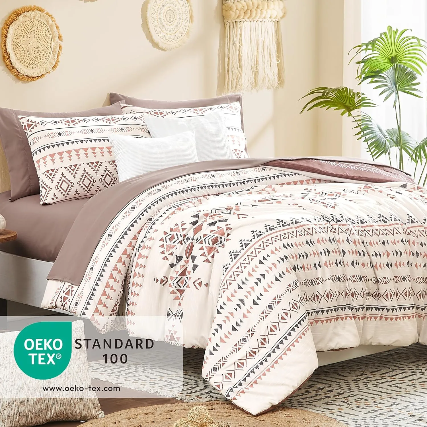 Geniospin King Size Comforter Set, Boho Bed in a Bag 7 Pieces Bedding Set,Burgundy Reversible Aztec Design with Soft Microfiber, Lightweight, Warm and Breathable (King, 102x90 Inches)