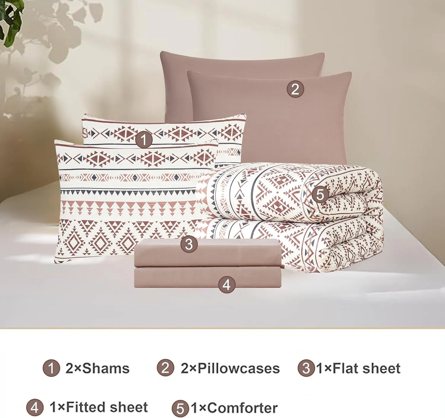 Geniospin King Size Comforter Set, Boho Bed in a Bag 7 Pieces Bedding Set,Burgundy Reversible Aztec Design with Soft Microfiber, Lightweight, Warm and Breathable (King, 102x90 Inches)