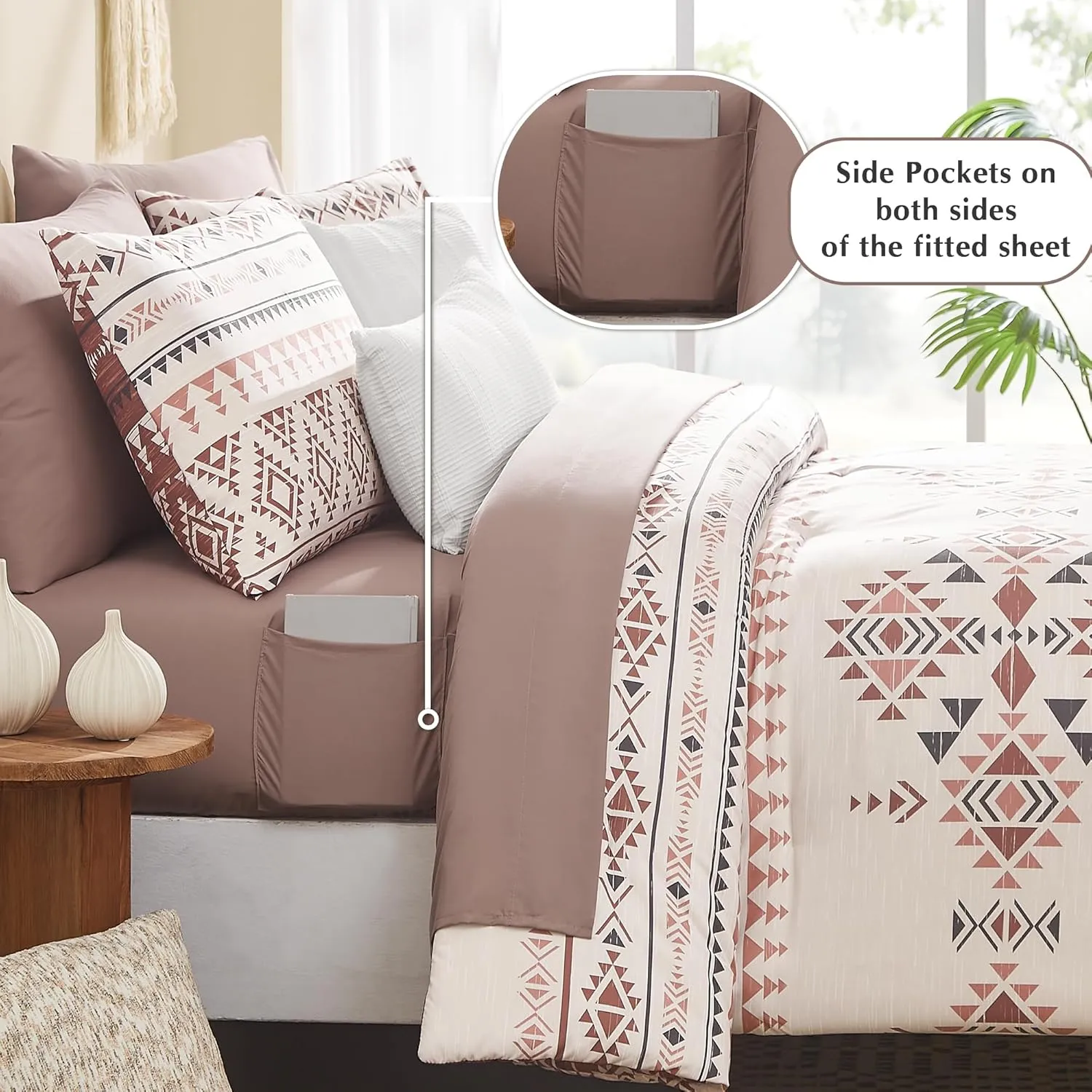 Geniospin King Size Comforter Set, Boho Bed in a Bag 7 Pieces Bedding Set,Burgundy Reversible Aztec Design with Soft Microfiber, Lightweight, Warm and Breathable (King, 102x90 Inches)