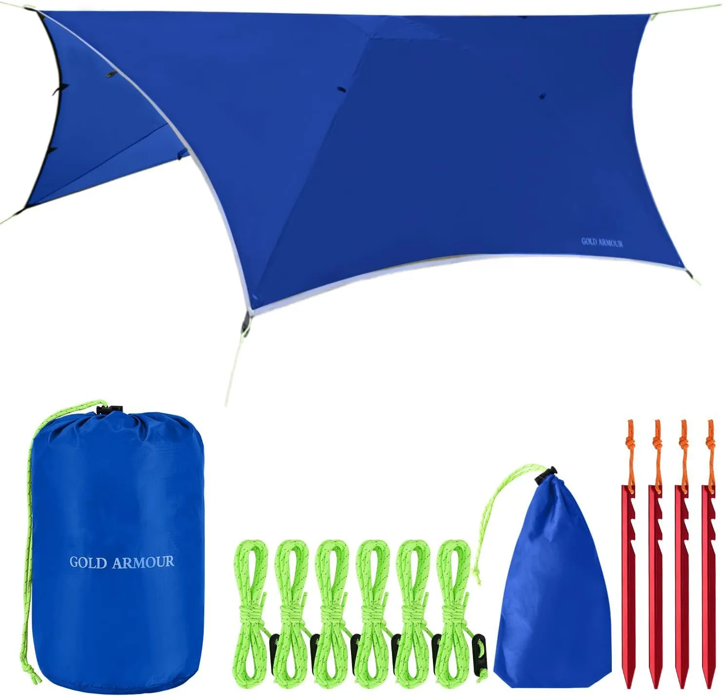 Gold Armour Rainfly Tarp for Hammock and Tent, Waterproof Lightweight Camping Accessories, Survival Gear with Blue Rain Fly Cover
