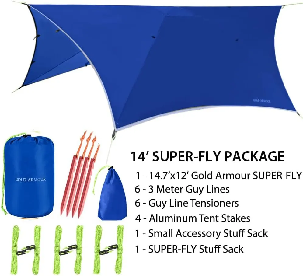 Gold Armour Rainfly Tarp for Hammock and Tent, Waterproof Lightweight Camping Accessories, Survival Gear with Blue Rain Fly Cover