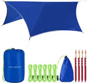 Gold Armour Rainfly Tarp for Hammock and Tent, Waterproof Lightweight Camping Accessories, Survival Gear with Blue Rain Fly Cover