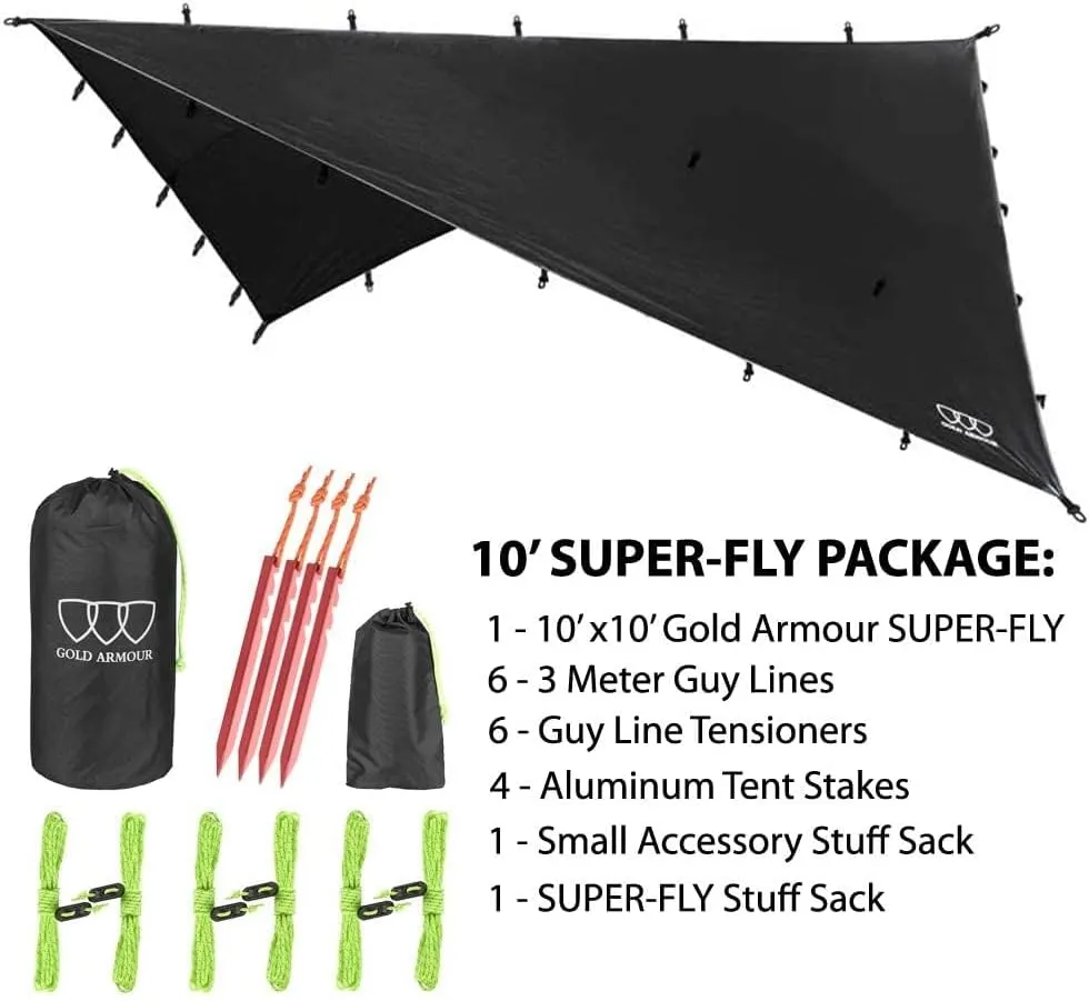 Gold Armour Rainfly Tarp Hammock, Premium 14.7ft/12ft/10ft/8ft Rain Fly Cover, Waterproof Ultralight Camping Shelter Canopy, Survival Equipment Gear Camping Tent Accessories (Black 10ft x 10ft)