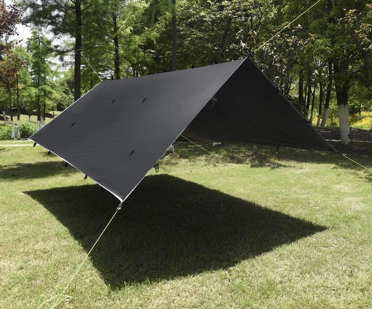Gold Armour Rainfly Tarp Hammock, Premium 14.7ft/12ft/10ft/8ft Rain Fly Cover, Waterproof Ultralight Camping Shelter Canopy, Survival Equipment Gear Camping Tent Accessories (Black 10ft x 10ft)