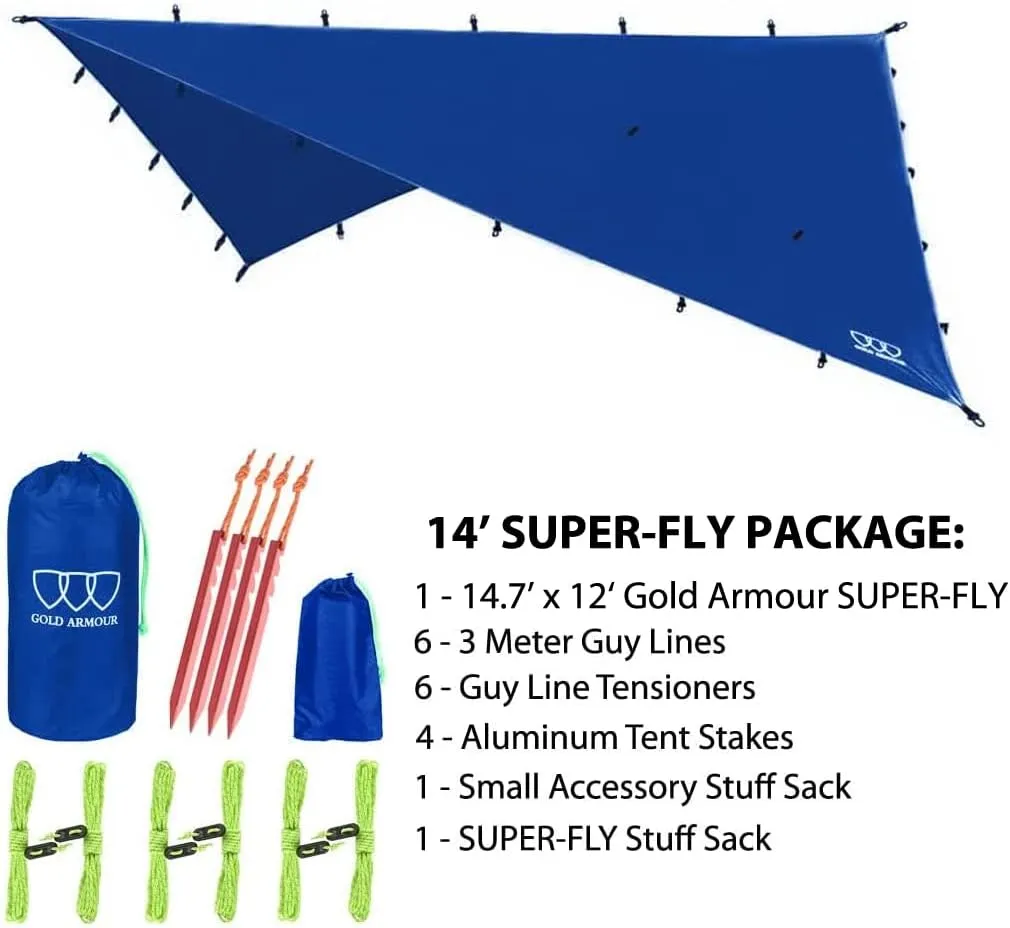 Gold Armour Rainfly Tarp Hammock, Premium 14.7ft/12ft/10ft/8ft Rain Fly Cover, Waterproof Ultralight Camping Shelter Canopy, Survival Equipment Gear Camping Tent Accessories (Blue 14.7ft x 12ft)