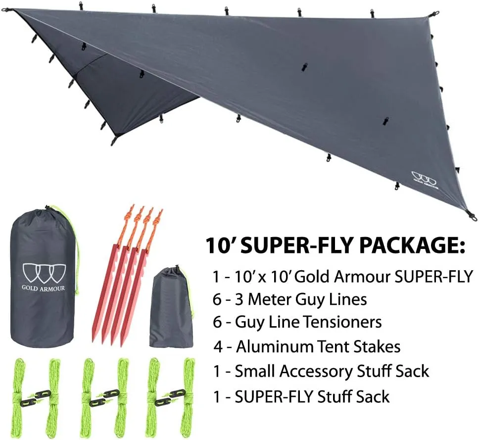 Gold Armour Rainfly Tarp Hammock, Premium 14.7ft/12ft/10ft/8ft Rain Fly Cover, Waterproof Ultralight Camping Shelter Canopy, Survival Equipment Gear Camping Tent Accessories (Gray 10ft x 10ft)