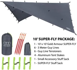 Gold Armour Rainfly Tarp Hammock, Premium 14.7ft/12ft/10ft/8ft Rain Fly Cover, Waterproof Ultralight Camping Shelter Canopy, Survival Equipment Gear Camping Tent Accessories (Gray 10ft x 10ft)