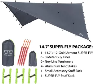 Gold Armour Rainfly Tarp Hammock, Premium 14.7ft/12ft/10ft/8ft Rain Fly Cover, Waterproof Ultralight Camping Shelter Canopy, Survival Equipment Gear Camping Tent Accessories (Gray 14.7ft x 12ft)