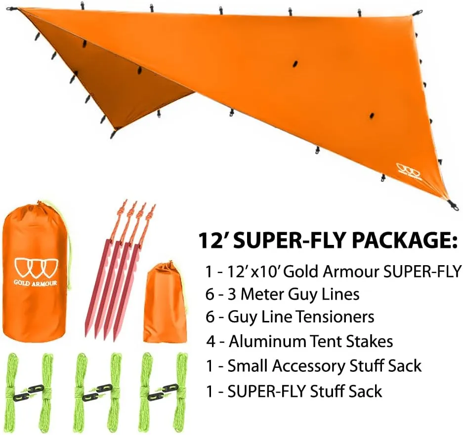 Gold Armour Rainfly Tarp Hammock, Premium 14.7ft/12ft/10ft/8ft Rain Fly Cover, Waterproof Ultralight Camping Shelter Canopy, Survival Equipment Gear Camping Tent Accessories (Orange 12ft x 10ft)