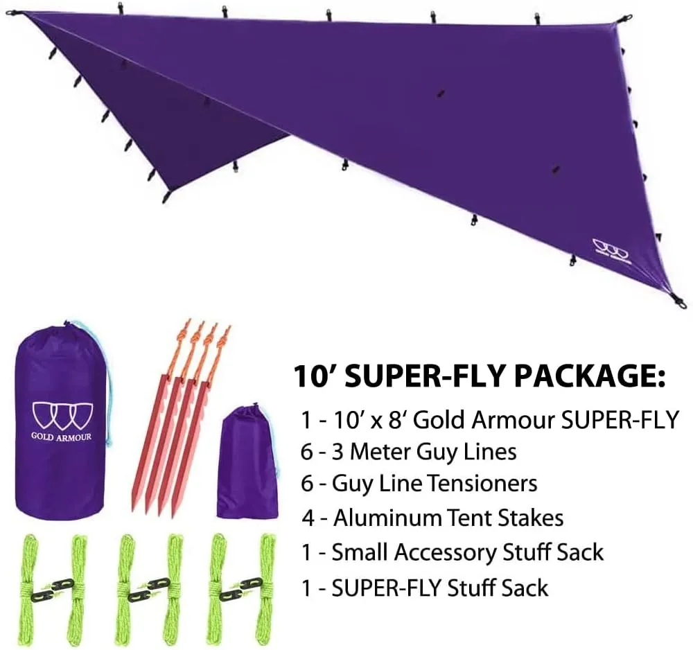 Gold Armour Rainfly Tarp Hammock, Premium 14.7ft/12ft/10ft/8ft Rain Fly Cover, Waterproof Ultralight Camping Shelter Canopy, Survival Equipment Gear Camping Tent Accessories (Purple 10ft x 8ft)