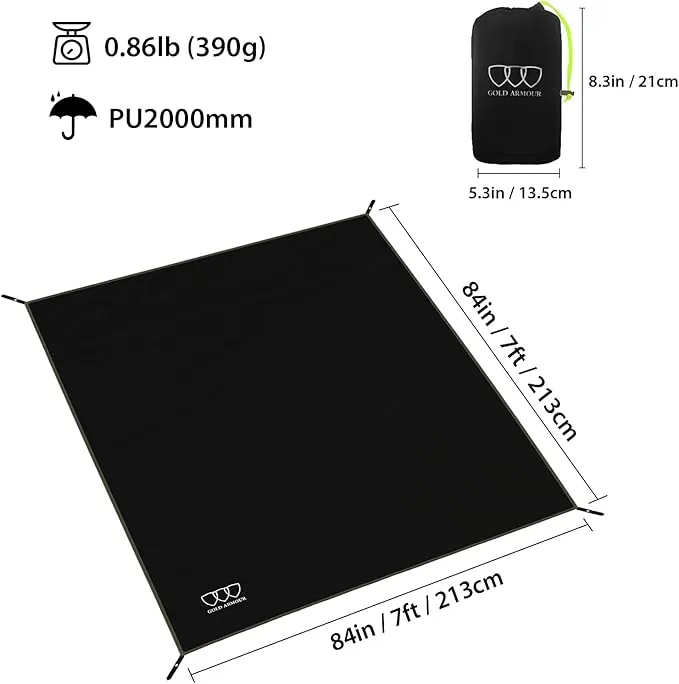 Gold Armour Tent Footprint, Camping Tarp Waterproof Ultralight - 84x60in | 84x84in | 84x96in | 82x106in | 120x108in | 120x120in | 120x144in Floor and Ground Tarps for Camping Hiking (Black 84x84in)