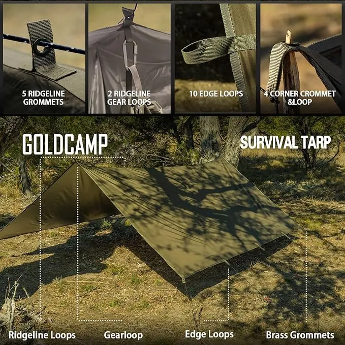 GOLDCAMP Waterproof Camping Tarp，70D Nylon 10''X10'' Hammock Rain Fly ，UV 50  and PU15000mm Tent Tarp Shelter Canopy，Heavy Duty Multifunctional Sun Shade or Rain Fly Essentials for Hiking Backpacking