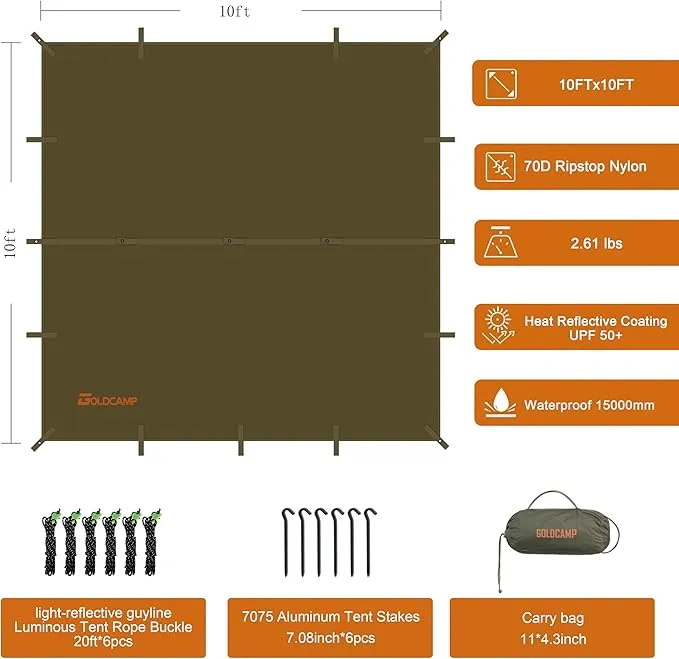 GOLDCAMP Waterproof Camping Tarp，70D Nylon 10''X10'' Hammock Rain Fly ，UV 50  and PU15000mm Tent Tarp Shelter Canopy，Heavy Duty Multifunctional Sun Shade or Rain Fly Essentials for Hiking Backpacking