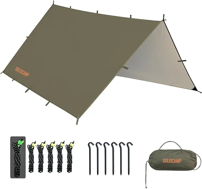 GOLDCAMP Waterproof Camping Tarp，70D Nylon 10''X10'' Hammock Rain Fly ，UV 50  and PU15000mm Tent Tarp Shelter Canopy，Heavy Duty Multifunctional Sun Shade or Rain Fly Essentials for Hiking Backpacking