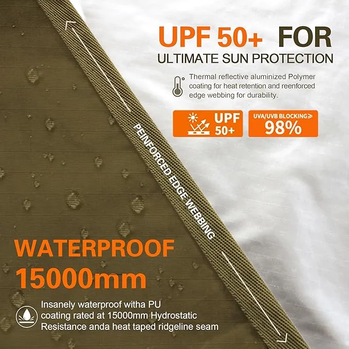 GOLDCAMP Waterproof Camping Tarp，70D Nylon 10''X10'' Hammock Rain Fly ，UV 50  and PU15000mm Tent Tarp Shelter Canopy，Heavy Duty Multifunctional Sun Shade or Rain Fly Essentials for Hiking Backpacking