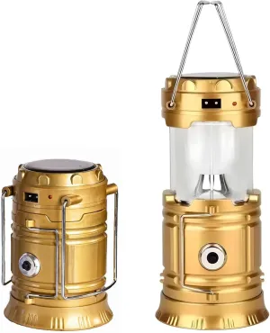 Golden Metal Solar Lantern, 3-in-1 USB Rechargeable Flashlight for Camping, Emergency Use, Portable Tent Lamp