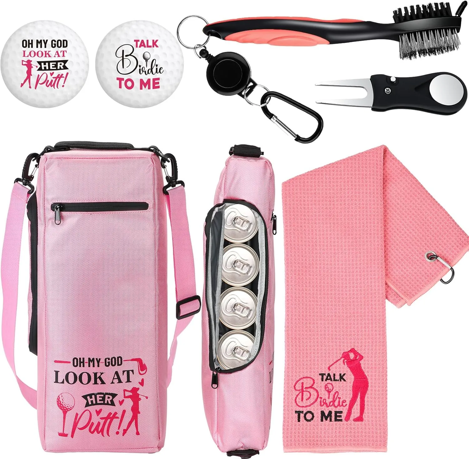 Golf Cooler Bag Pink Golf Accessories Kit for Woman with Golf Towel Golf Ball Cleaning Brush Divot Repair Tool Small Soft Cooler Bags Insulated Beer Cooler Holds for Woman Golf Gifts