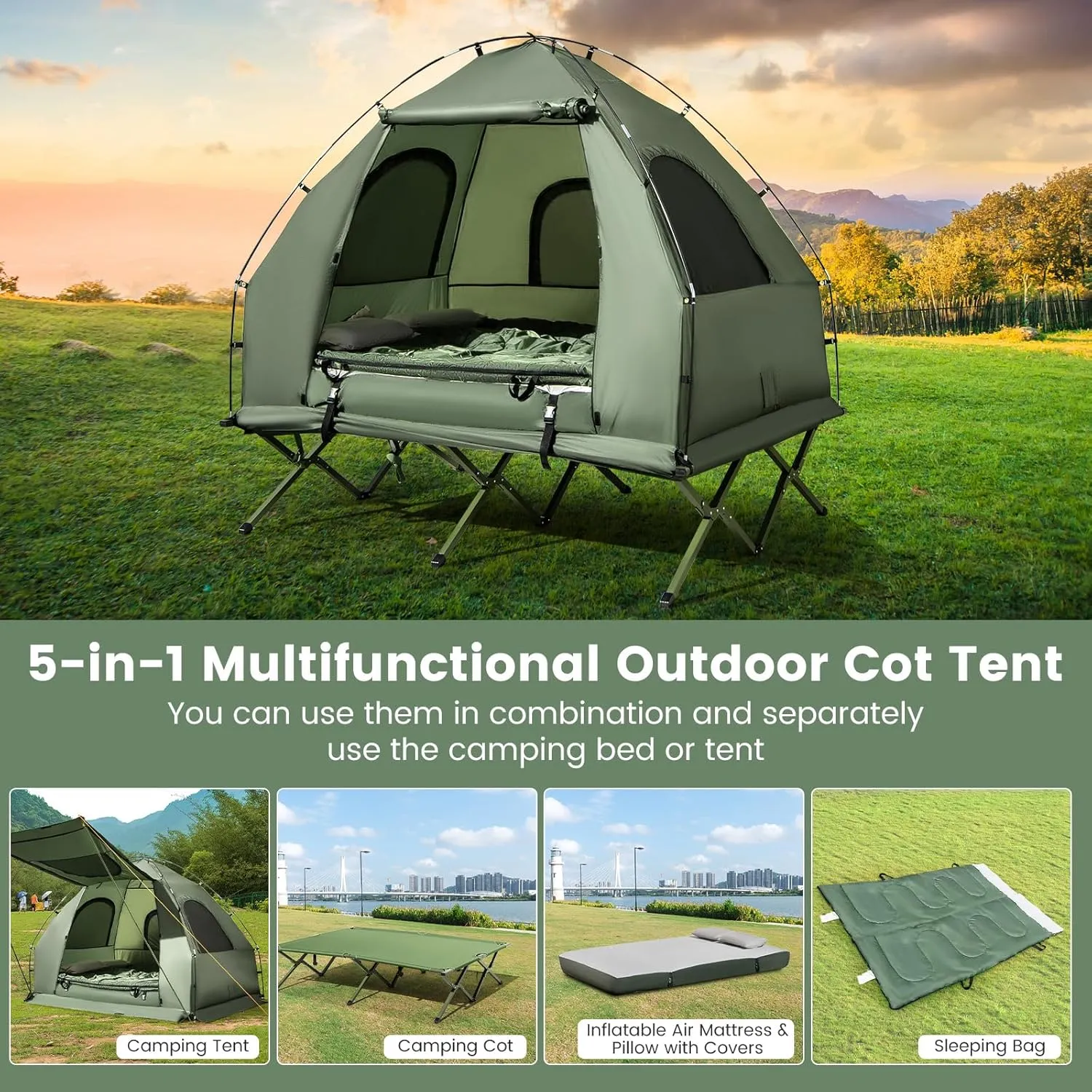 Goplus Camping Tent Cot, 5-in-1 Folding Camping Bed with Air Mattress, Pillow, Sleeping Bag, Waterproof Elevated Tent Shelter, Portable Outdoor Sleeping Cot with Carry Bag for Picnic, Trip (2-Person)