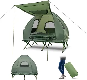 Goplus Camping Tent Cot, 5-in-1 Folding Camping Bed with Awning, Air Mattress, Sleeping Bag, Bedspread, Off Ground Elevated 1-2 Person Cot Tent with Carrying Bag, Air Pump for Camping Picnic Outdoor