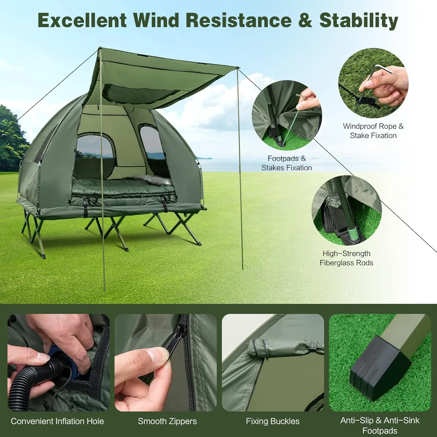 Goplus Camping Tent Cot, 5-in-1 Folding Camping Bed with Awning, Air Mattress, Sleeping Bag, Bedspread, Off Ground Elevated 1-2 Person Cot Tent with Carrying Bag, Air Pump for Camping Picnic Outdoor