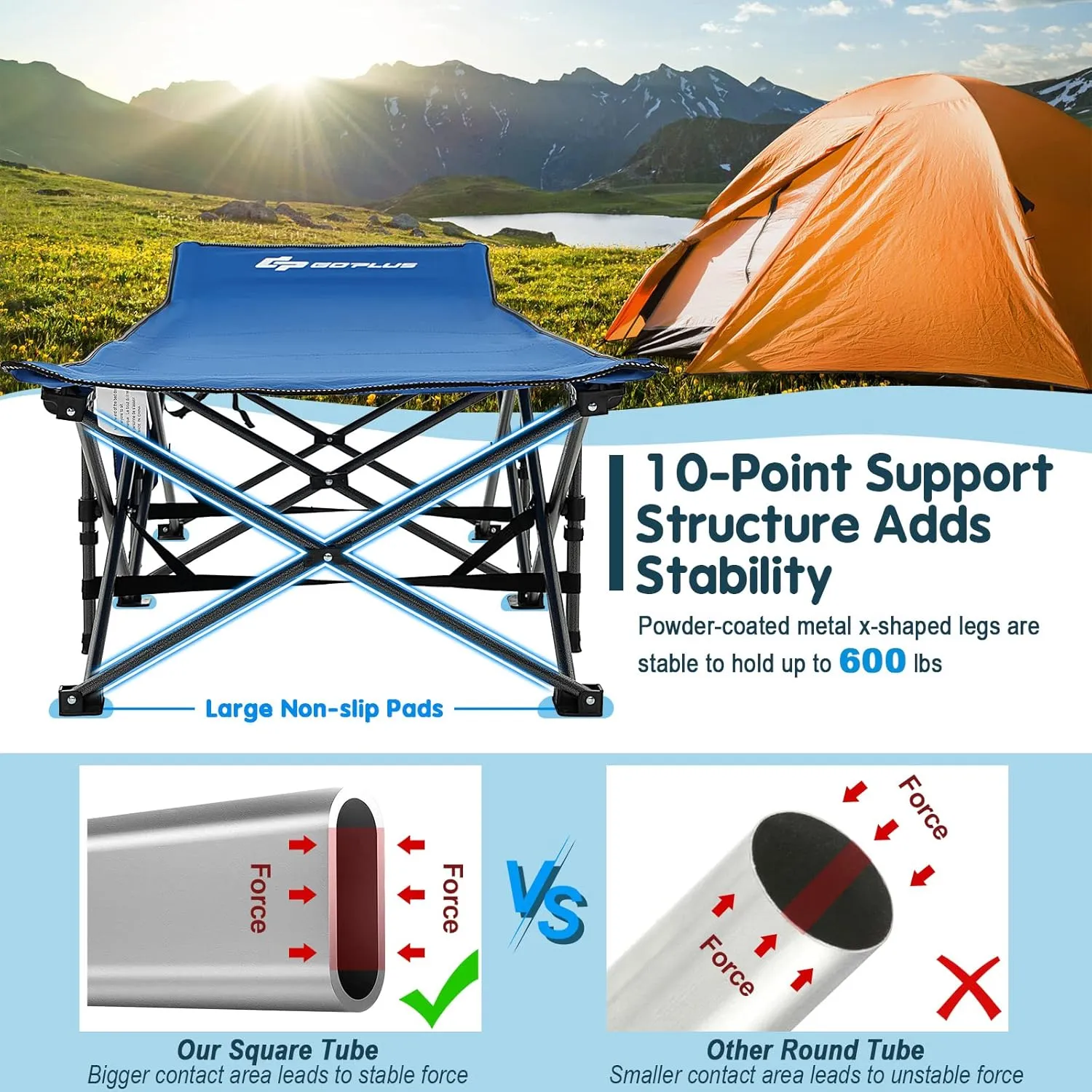 Goplus Folding Camping Cot, 27.5" Sleeping Cot for Adults with Carry Bag, 600LBS Weight Capacity, Slanted Head, Side Pocket, Heavy Duty Portable Camping Bed for Kids, Beach, Office Snap (Blue)