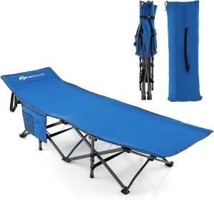 Goplus Folding Camping Cot, 27.5" Sleeping Cot for Adults with Carry Bag, 600LBS Weight Capacity, Slanted Head, Side Pocket, Heavy Duty Portable Camping Bed for Kids, Beach, Office Snap (Blue)