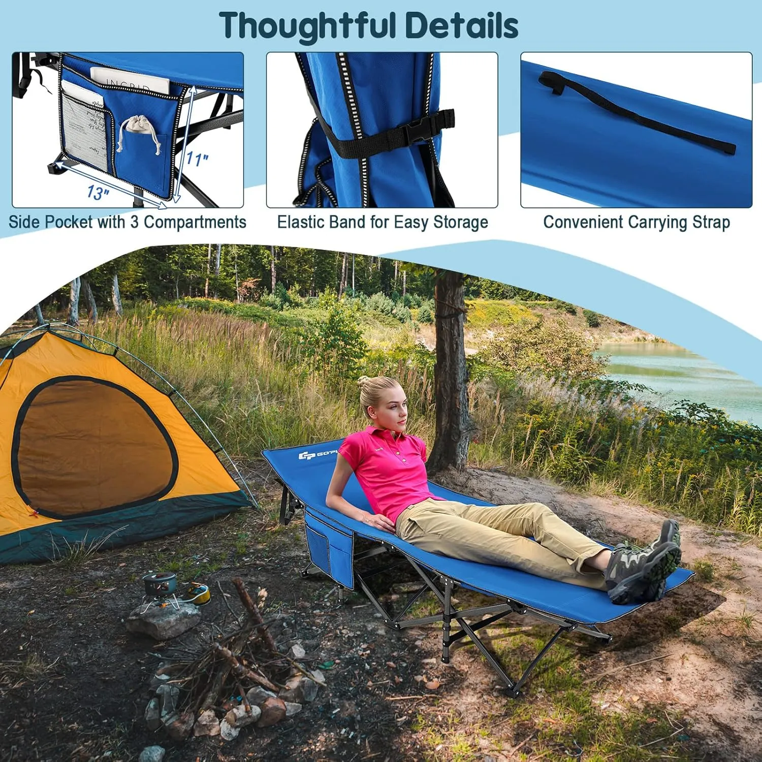 Goplus Folding Camping Cot, 27.5" Sleeping Cot for Adults with Carry Bag, 600LBS Weight Capacity, Slanted Head, Side Pocket, Heavy Duty Portable Camping Bed for Kids, Beach, Office Snap (Blue)