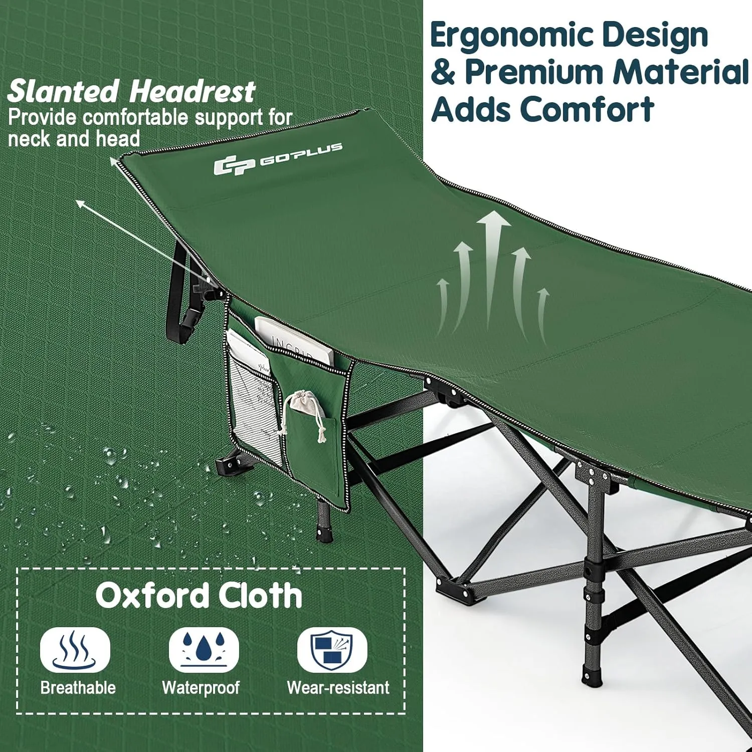 Goplus Folding Camping Cot, 27.5" Sleeping Cot for Adults with Carry Bag, 600LBS Weight Capacity, Slanted Head, Side Pocket, Heavy Duty Portable Camping Bed for Kids, Beach, Office Snap (Green)