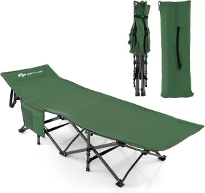 Goplus Folding Camping Cot, 27.5" Sleeping Cot for Adults with Carry Bag, 600LBS Weight Capacity, Slanted Head, Side Pocket, Heavy Duty Portable Camping Bed for Kids, Beach, Office Snap (Green)