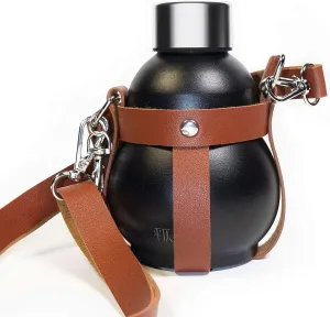 Gourd Water Bottle, Retro Style Gourd Sports Water Bottle, 316 Stainless Steel Winter Thermos Cup 280ml Travel Water Bottle, for Outdoor and Indoor, Valentine's Day Gifts (Black with shoulder strap)