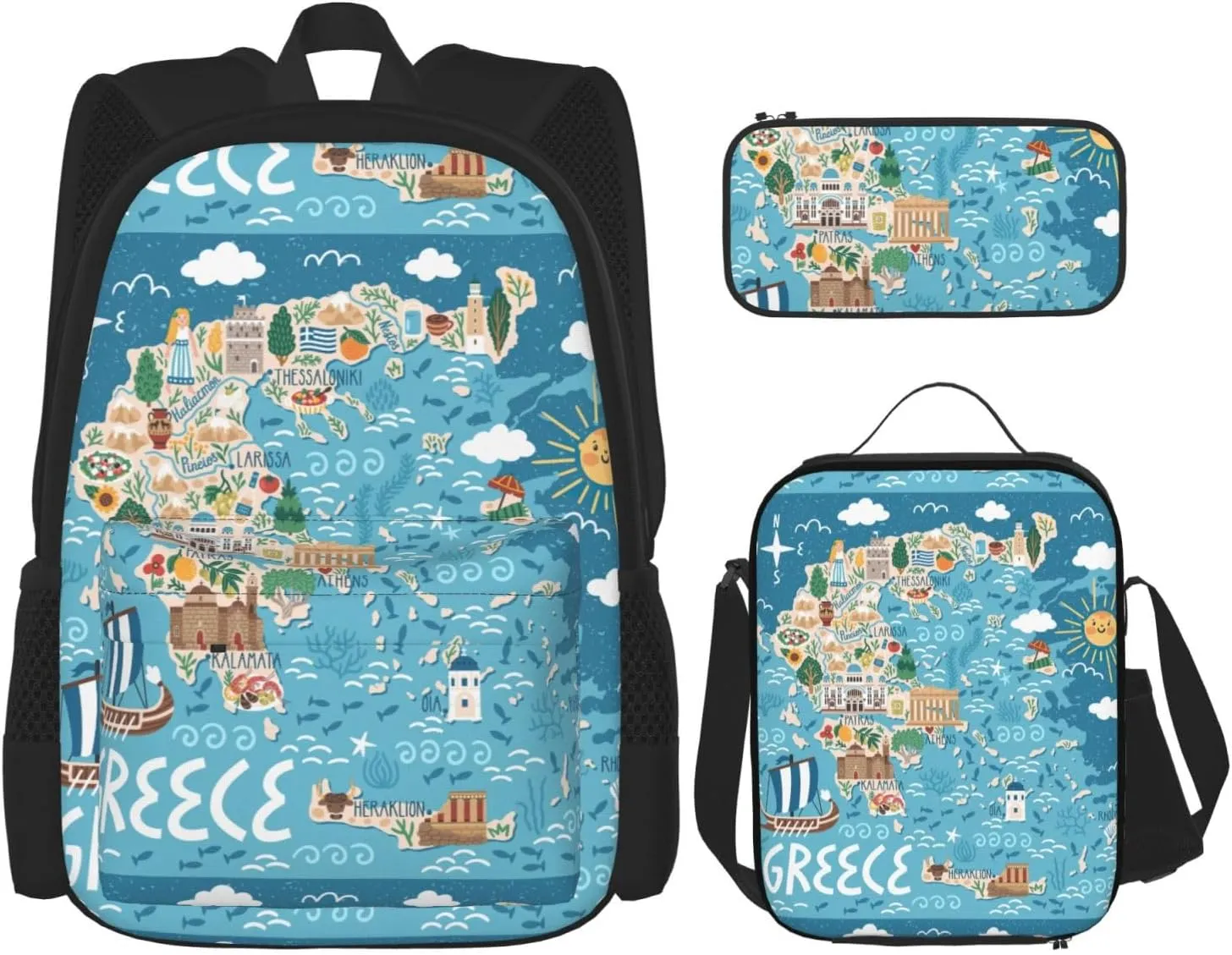 Greece Map Print Versatile Adjustable Shoulder Fashion Backpack Lunch Bag Pencil Case Large Capacity
