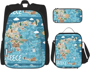 Greece Map Print Versatile Adjustable Shoulder Fashion Backpack Lunch Bag Pencil Case Large Capacity