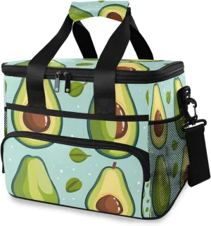 Green Avocado Blue Leaves Cooler Bag Insulated Cooler Soft Sided Cooler 24 Can Portable Picnic Bag Large Leakproof Lunch Bag Box for Beach Grocery Camping Travel Car Men Women
