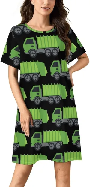 Green Garbage Truck Nightgowns for Women Sleepwear Short Sleeve Sleep Dress Nightshirt