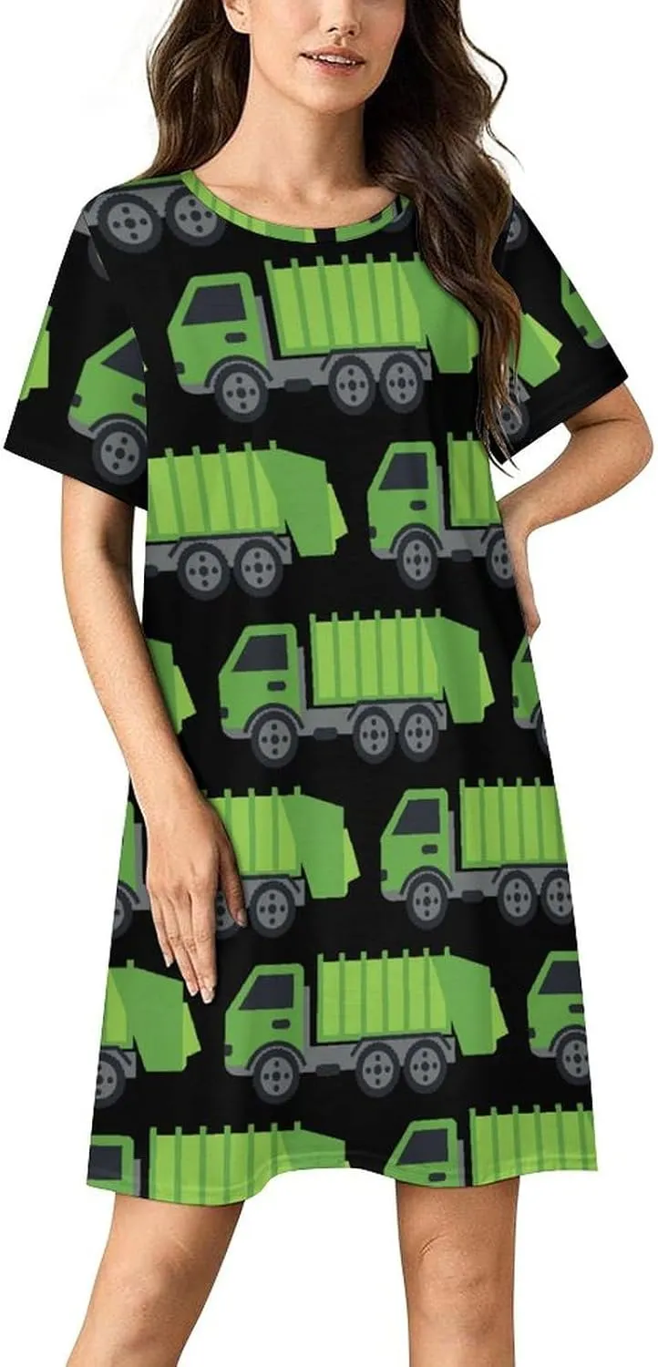 Green Garbage Truck Nightgowns for Women Sleepwear Short Sleeve Sleep Dress Nightshirt