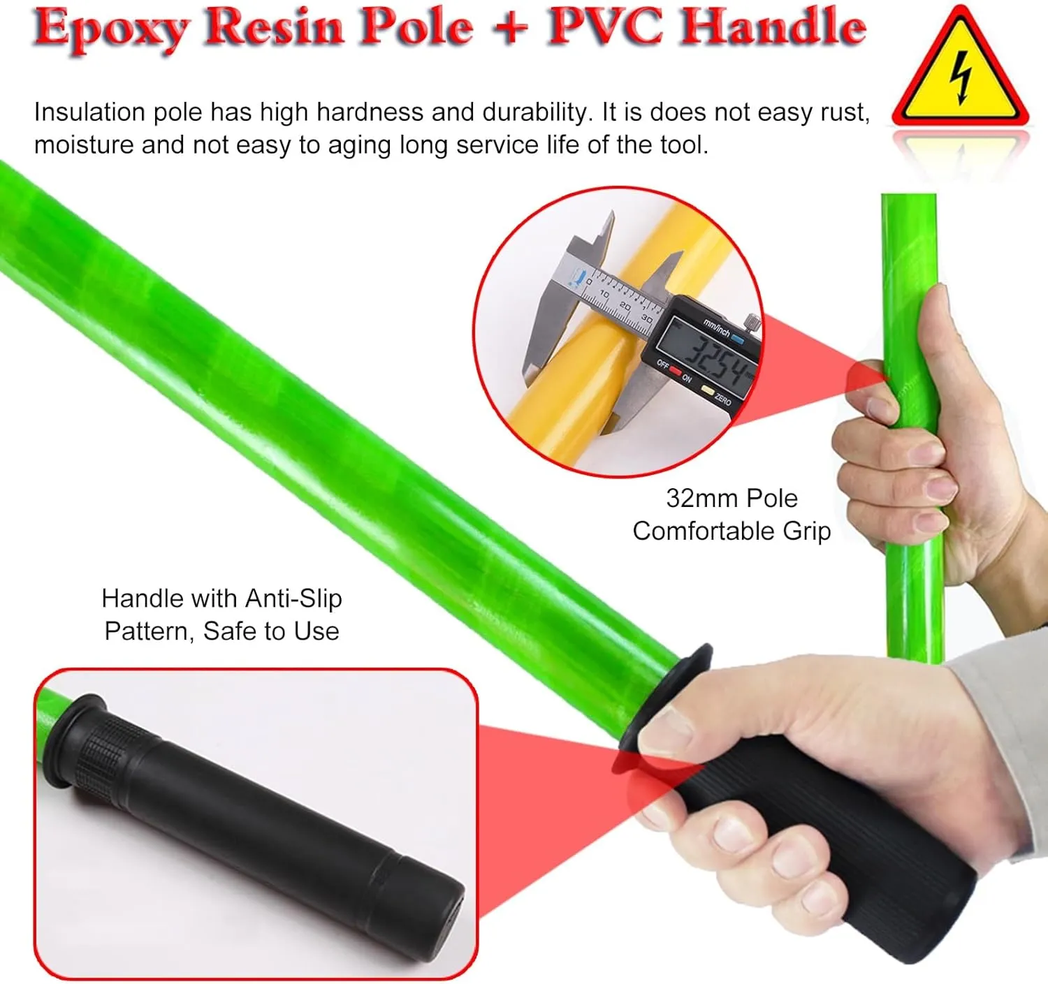 Green Safety Rescue Hook 10ft 6.6ft 5ft 3.3ft, High Voltage Anti Electric Shock Life-Saving Insulated Pole for Fire Electrician, with Anti Slip Handle & Carrying Bag(1.5m/4.9ft/59in- 35kv)