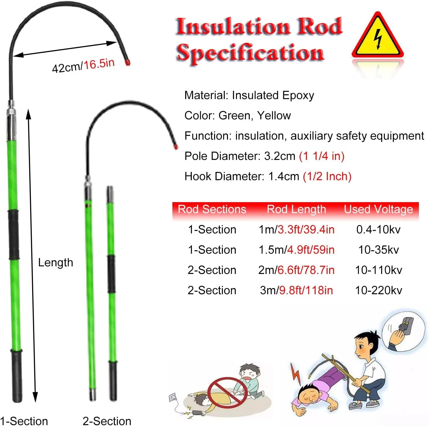 Green Safety Rescue Hook 10ft 6.6ft 5ft 3.3ft, High Voltage Anti Electric Shock Life-Saving Insulated Pole for Fire Electrician, with Anti Slip Handle & Carrying Bag(1.5m/4.9ft/59in- 35kv)