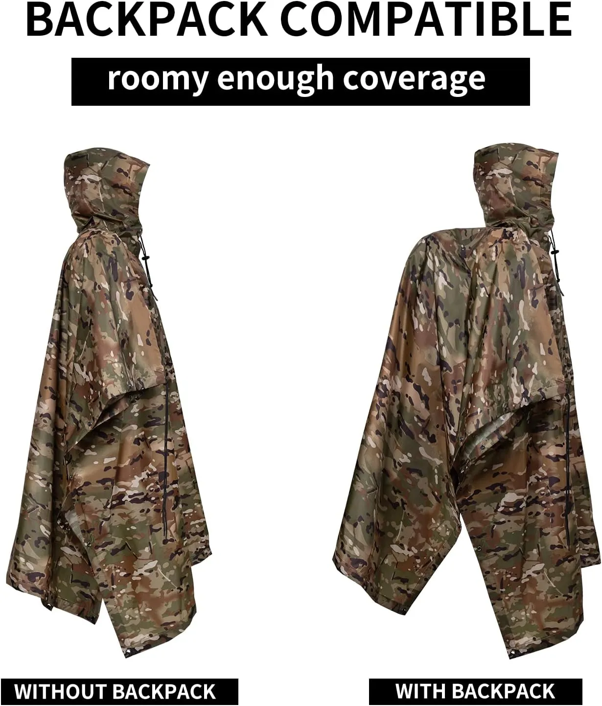 GRVCN Military Rain Poncho, Camouflage Raincoat Outdoor Waterproof Lightweight